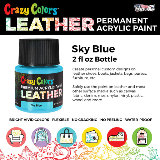 Sky Blue Premium Acrylic Leather and Shoe Paint, 2 oz Bottle - Flexible, Crack, Scratch, Peel Resistant - Artist Create Custom Sneakers, Jackets, Bags, Purses, Furniture Artwork