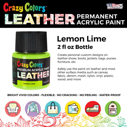 Lemon Lime Premium Acrylic Leather and Shoe Paint, 2 oz Bottle - Flexible, Crack, Scratch, Peel Resistant - Artist Create Custom Sneakers, Jackets, Bags, Purses, Furniture Artwork