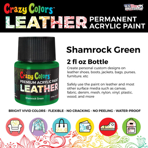 Shamrock Green Premium Acrylic Leather and Shoe Paint, 2 oz Bottle - Flexible, Crack, Scratch, Peel Resistant - Artist Create Custom Sneakers, Jackets, Bags, Purses, Furniture Artwork