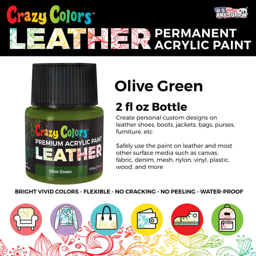 Olive Green Premium Acrylic Leather and Shoe Paint, 2 oz Bottle - Flexible, Crack, Scratch, Peel Resistant - Artist Create Custom Sneakers, Jackets, Bags, Purses, Furniture Artwork