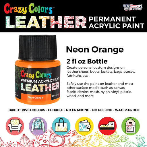 Neon Orange Premium Acrylic Leather and Shoe Paint, 2 oz Bottle - Flexible, Crack, Scratch, Peel Resistant - Artist Create Custom Sneakers, Jackets, Bags, Purses, Furniture Artwork