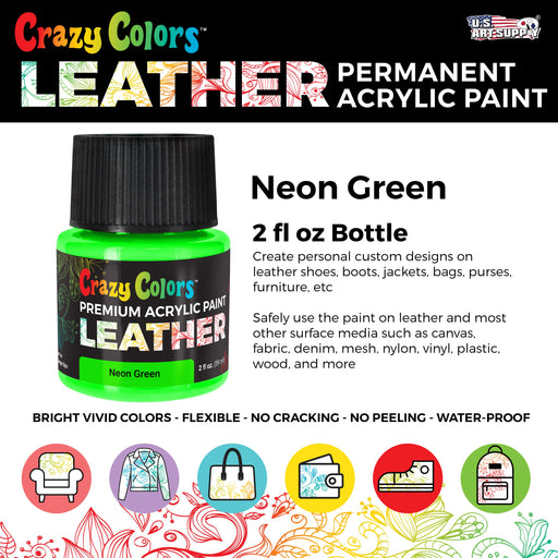 Neon Green Premium Acrylic Leather and Shoe Paint, 2 oz Bottle - Flexible, Crack, Scratch, Peel Resistant - Artist Create Custom Sneakers, Jackets, Bags, Purses, Furniture Artwork