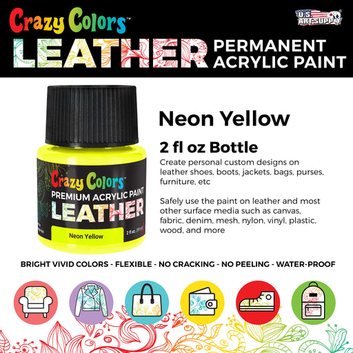 Neon Yellow Premium Acrylic Leather and Shoe Paint, 2 oz Bottle - Flexible, Crack, Scratch, Peel Resistant - Artist Create Custom Sneakers, Jackets, Bags, Purses, Furniture Artwork