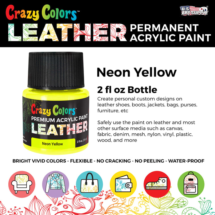 Neon Yellow Premium Acrylic Leather and Shoe Paint, 2 oz Bottle - Flexible, Crack, Scratch, Peel Resistant - Artist Create Custom Sneakers, Jackets, Bags, Purses, Furniture Artwork