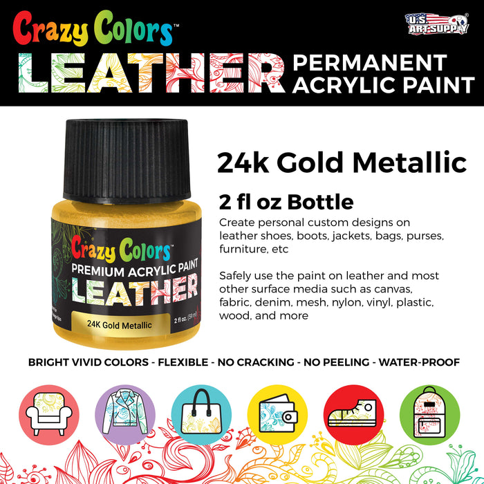 24K Gold Metallic Premium Acrylic Leather and Shoe Paint, 2 oz Bottle - Flexible, Crack, Scratch, Peel Resistant - Artist Create Custom Sneakers, Jackets, Bags, Purses