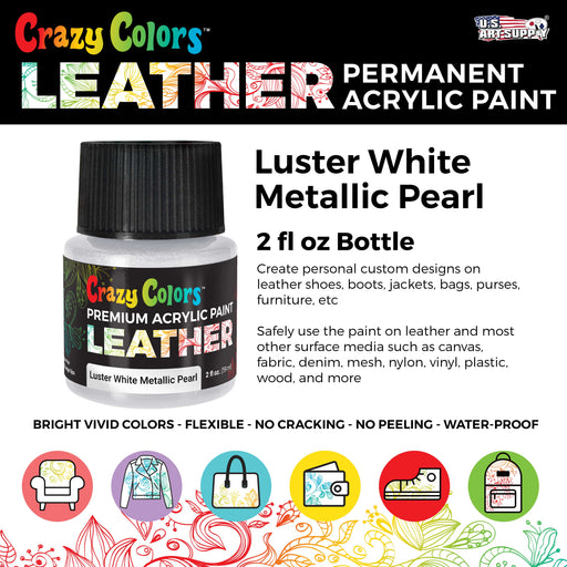 Luster White Pearlescent Premium Acrylic Leather and Shoe Paint, 2 oz Bottle - Flexible, Crack, Scratch, Peel Resistant - Artist Create Custom Sneakers, Jackets, Bags, Purses, Furniture