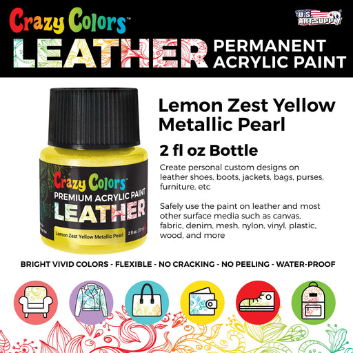 Lemon Zest Yellow Metallic Pearl Premium Acrylic Leather and Shoe Paint, 2 oz Bottle - Flexible, Crack, Scratch, Peel Resistant - Artist Create Custom Sneakers, Jackets, Bags, Purses