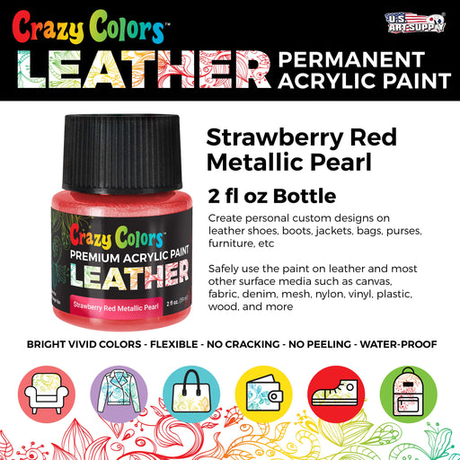 Strawberry Red Metallic Pearl Premium Acrylic Leather and Shoe Paint, 2 oz Bottle - Flexible, Crack, Scratch, Peel Resistant - Artist Create Custom Sneakers, Jackets, Bags, Purses
