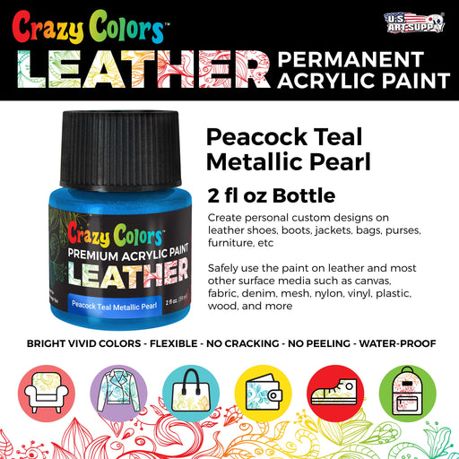 Peacock Teal Metallic Pearl Premium Acrylic Leather and Shoe Paint, 2 oz Bottle - Flexible, Crack, Scratch, Peel Resistant - Artist Create Custom Sneakers, Jackets, Bags, Purses