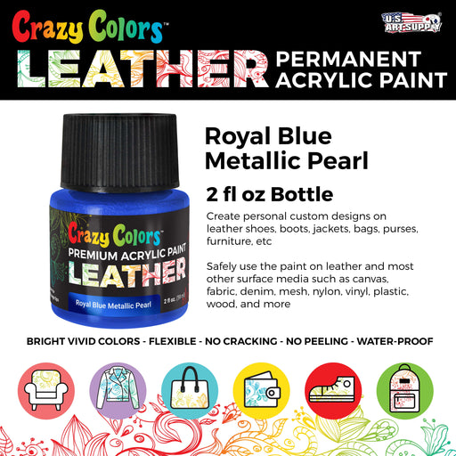 Royal Blue Metallic Pearl Premium Acrylic Leather and Shoe Paint, 2 oz Bottle - Flexible, Crack, Scratch, Peel Resistant - Artist Create Custom Sneakers, Jackets, Bags, Purses