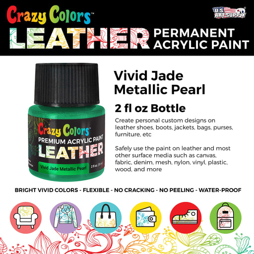 Vivid Jade Green Metallic Pearl Premium Acrylic Leather and Shoe Paint, 2 oz Bottle - Flexible, Crack, Scratch, Peel Resistant - Artist Create Custom Sneakers, Jackets, Bags, Purses