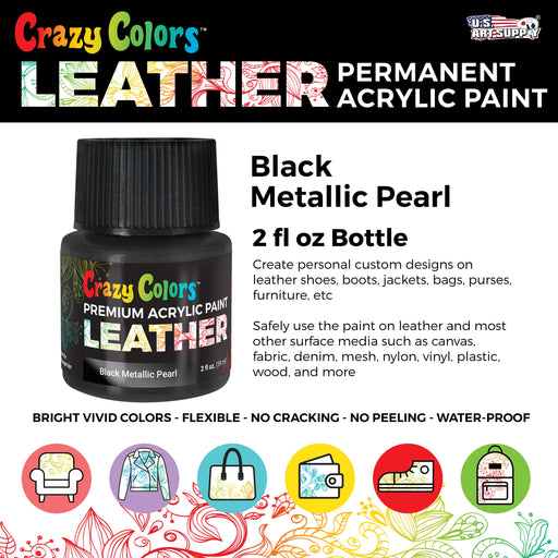 Black Metallic Pearl Premium Acrylic Leather and Shoe Paint, 2 oz Bottle - Flexible, Crack, Scratch, Peel Resistant - Artist Create Custom Sneakers, Jackets, Bags, Purses