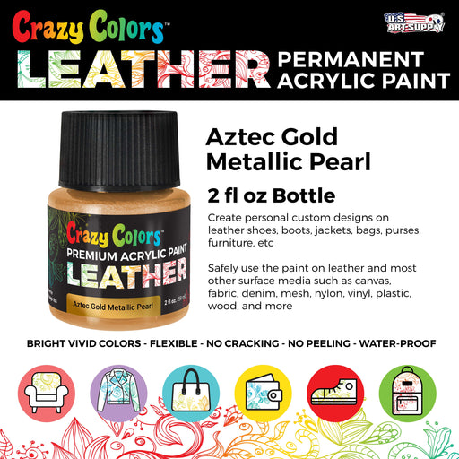 Aztec Gold Metallic Pearl Premium Acrylic Leather and Shoe Paint, 2 oz Bottle - Flexible, Crack, Scratch, Peel Resistant - Artist Create Custom Sneakers, Jackets, Bags, Purses