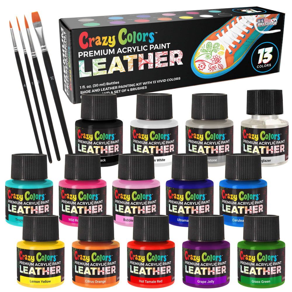 Premium Acrylic Leather and Shoe Paint Kit, 13 Colors, Deglazer, 4-Piece Brush Set - 1 oz Bottles, Flexible, Scratch Peel Resistant - Custom Sneakers