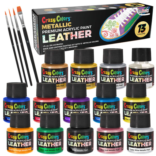 Premium Acrylic Leather and Shoe Paint Kit, 13 Metallic Pearl Colors, Deglazer, 4-Piece Brush Set - 1 oz Bottles, Flexible, Scratch Resistant - Glittering Sneakers