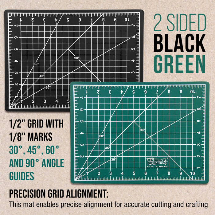 9" x 12" Self-Healing Cutting Mat 5-Ply (2 Pack) - Double-Sided Green/Black Craft Mat, Non-Slip Cutting Mats for Crafts, Sewing, Quilting, Scrapbooking