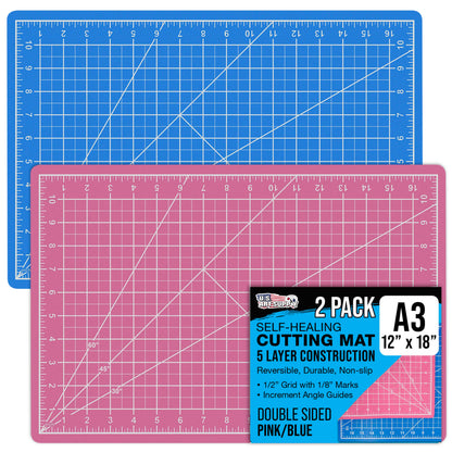 12" x 18" Self-Healing Cutting Mat 5-Ply (2 Pack) - Double-Sided Pink/Blue Craft Mat, Non-Slip Cutting Mats for Crafts, Sewing, Quilting, Scrapbooking
