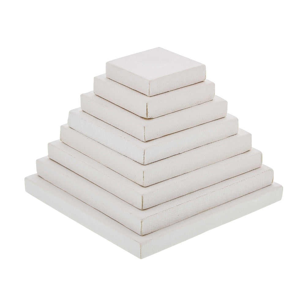 Mini Pyramid of Square Stretched Canvas (8 pack) 1-each of: 1-1/2x1-1/2, 2x2, 2-1/2x2-1/2, 2-3/4x2-3/4, 3-1/4x3-1/4, 3-5/8x3-5/8, 4x4, 4-1/2x4-1/2)