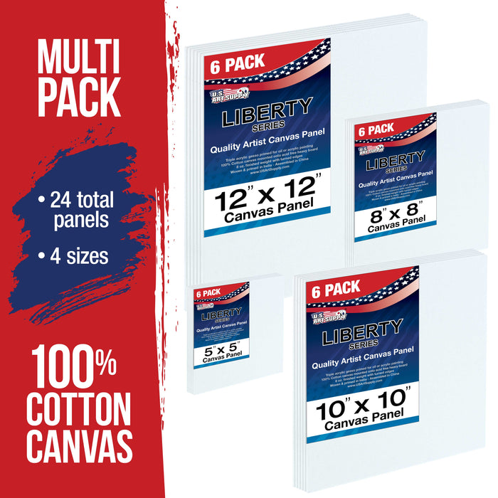 Multi-Pack 6-Ea of 5 x 5, 8 x 8, 10 x 10, 12 x 12 inch. Professional Quality Square Artist Canvas Panel Board Assortment Pack (24 Total Panel Boards)