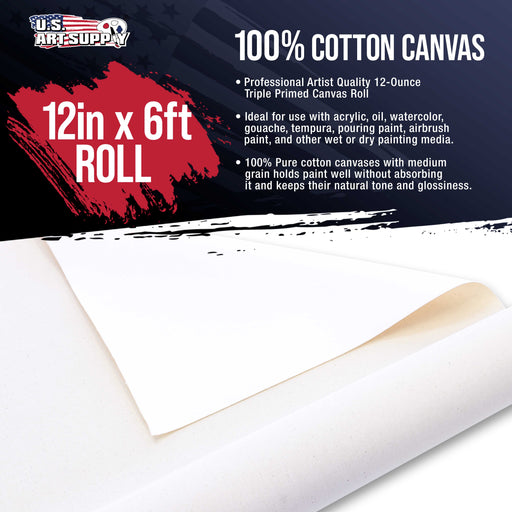 U.S. Art Supply 12" Wide x 2 Yards (6 Feet) Long Unstretched Canvas Roll - 100% Cotton, 12-Ounce Triple Primed Gesso, Acid-Free - Oil Acrylic Painting