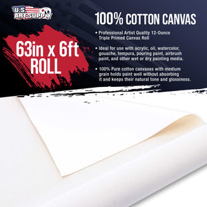 12-Ounce Triple Primed Gesso 63" Wide x 6' Long (2 Yards), 100% Cotton, Acid-Free - Unstretched Canvas Rolls for Painting, Oil & Acrylic, Murals - Cut To Frame Size