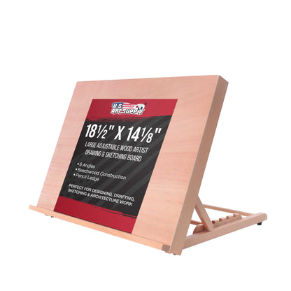 Large 18-1/2" x 14-1/8" (A3) Wooden Drawing Board, Adjustable Table Top Easel for Painting and Drawing - Drafting Board with Pencil Ledge