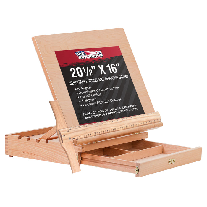 Large 20-1/2" x 16" Adjustable Wood Art Drawing Board - 5 Angles, Beechwood Construction, Pencil Ledge, T-Square, Locking Storage Drawer - Ideal for Design, Drafting & Architecture