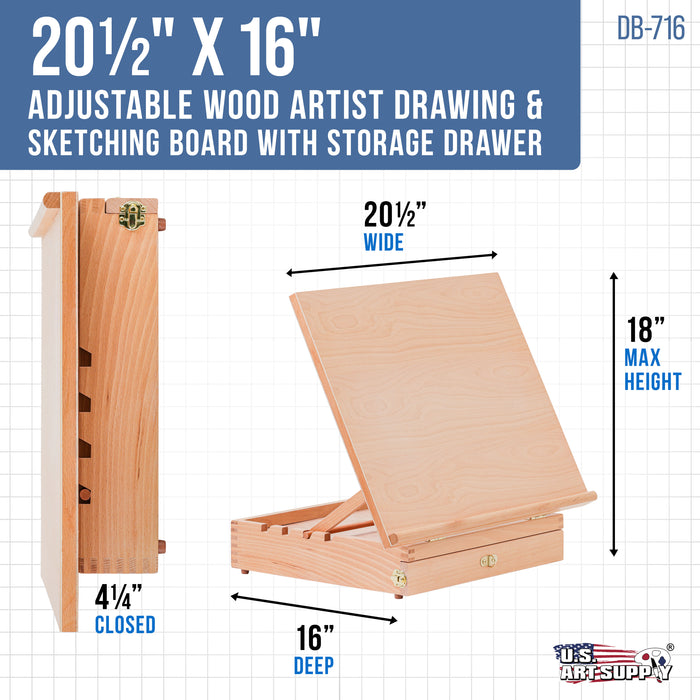 Large 20-1/2" x 16" Adjustable Wood Art Drawing Board - 5 Angles, Beechwood Construction, Pencil Ledge, T-Square, Locking Storage Drawer - Ideal for Design, Drafting & Architecture