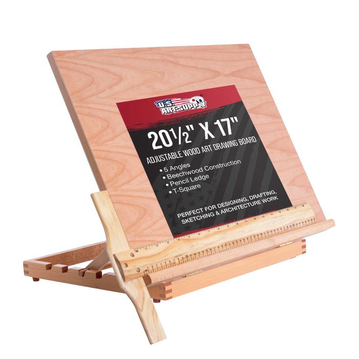 Large 20-1/2" x 17" Adjustable Wood Art Drawing Board - 5 Angles, Beechwood Construction, Pencil Ledge & T-Square - Perfect for Designing, Drafting, Sketching & Architecture Work