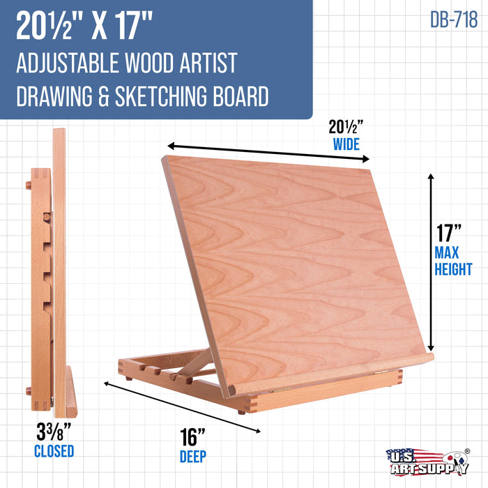 Large 20-1/2" x 17" Adjustable Wood Art Drawing Board - 5 Angles, Beechwood Construction, Pencil Ledge & T-Square - Perfect for Designing, Drafting, Sketching & Architecture Work