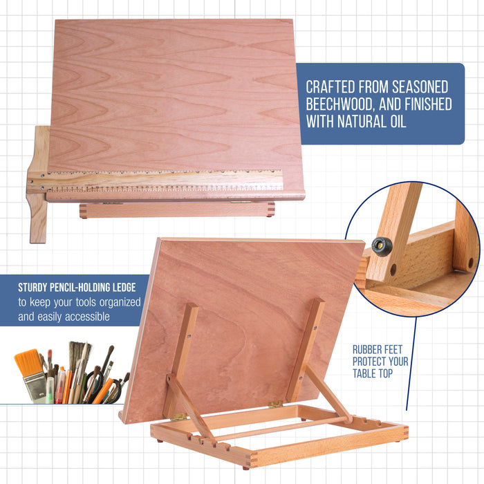 Large 20-1/2" x 17" Adjustable Wood Art Drawing Board - 5 Angles, Beechwood Construction, Pencil Ledge & T-Square - Perfect for Designing, Drafting, Sketching & Architecture Work