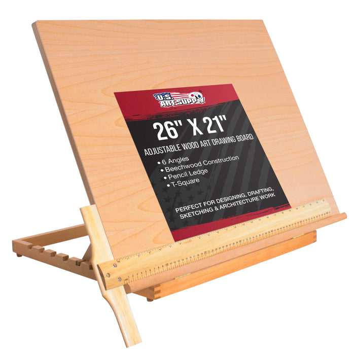 X-Large 26" x 21" Adjustable Wood Art Drawing Board - 6 Angles, Beechwood Construction, Pencil Ledge, 24" T-Square - Ideal for Design, Drafting & Architecture Work