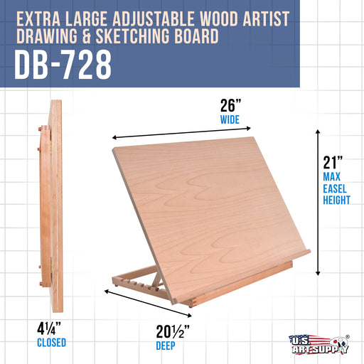 Extra Large Adjustable Wood Artist Drawing & Sketching Board 26" Wide x 21" Tall