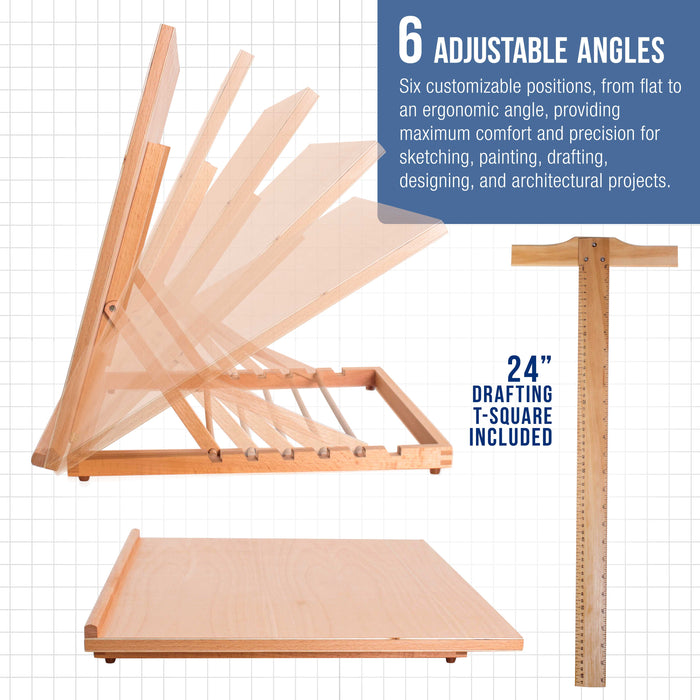 X-Large 26" x 21" Adjustable Wood Art Drawing Board - 6 Angles, Beechwood Construction, Pencil Ledge, 24" T-Square - Ideal for Design, Drafting & Architecture Work