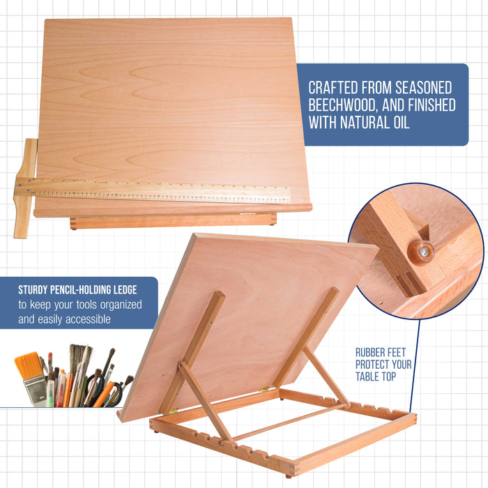 X-Large 26" x 21" Adjustable Wood Art Drawing Board - 6 Angles, Beechwood Construction, Pencil Ledge, 24" T-Square - Ideal for Design, Drafting & Architecture Work