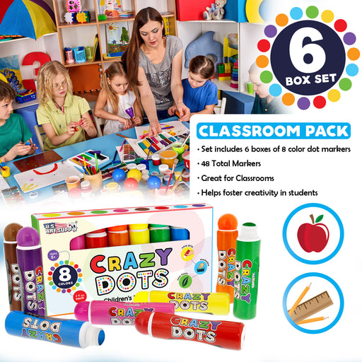 6 Boxes of 8 Color Crazy Dots Markers - Children's Washable Easy Grip Non-Toxic Paint - 48 Total Marker Daubers