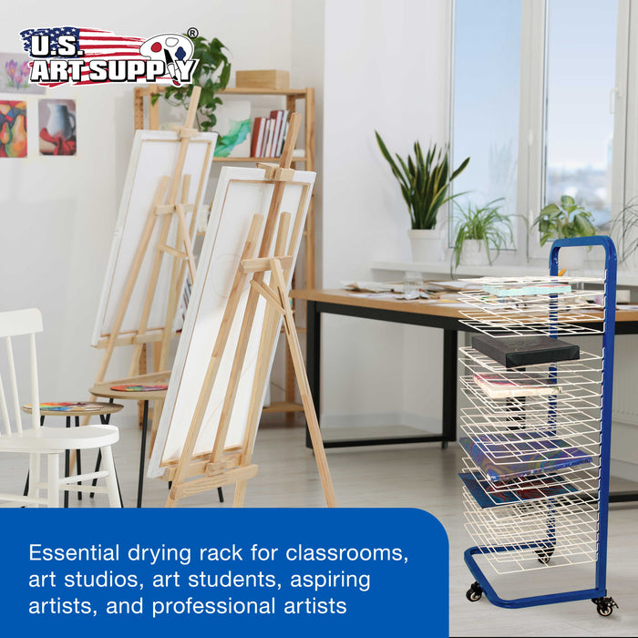 U.S. Art Supply 25 Shelf Art Drying Rack for Classrooms and Studios - Mobile Wheels, Wall Mountable, 25 Removable Shelves - Stack Store Artwork
