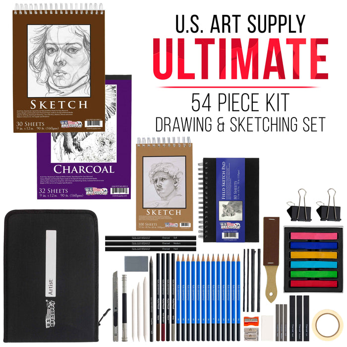 54-Piece Drawing & Sketching Art Set with 4 Sketch Pads - Ultimate Artist Kit, Graphite and Charcoal Pencils & Sticks, Pastels, Case