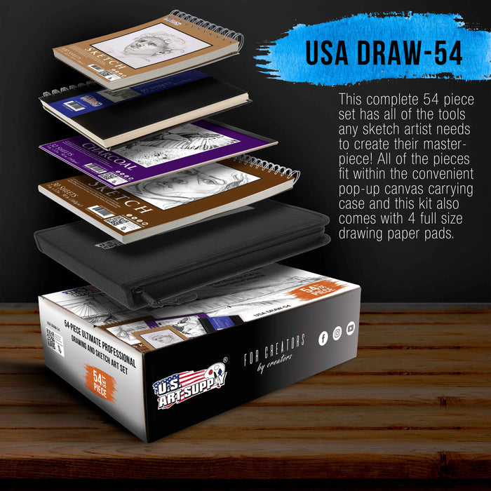 54-Piece Drawing & Sketching Art Set with 4 Sketch Pads - Ultimate Artist Kit, Graphite and Charcoal Pencils & Sticks, Pastels, Case