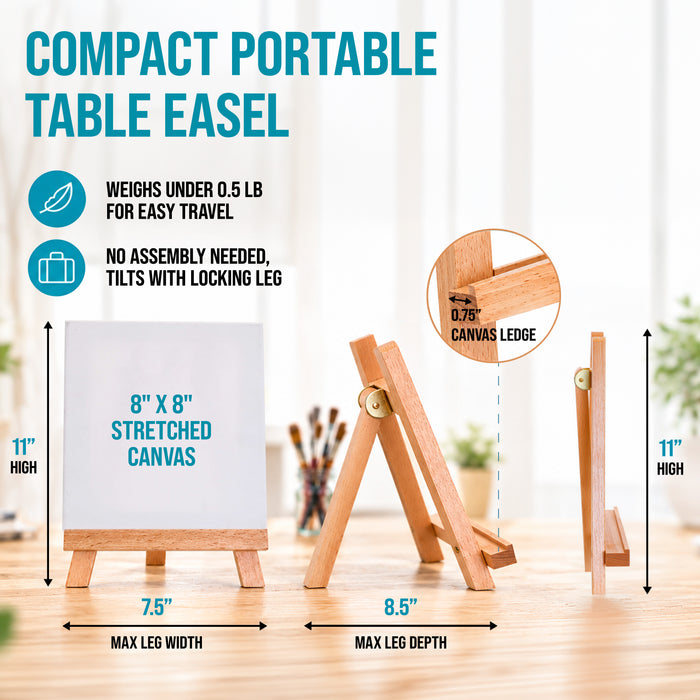 8" x 8" Stretched Canvas with 10.5" Small Wooden Tabletop Easel Kit (6 Pack) for Painting and Display Stand - A-Frame Table Top Easel, Canvas Holder