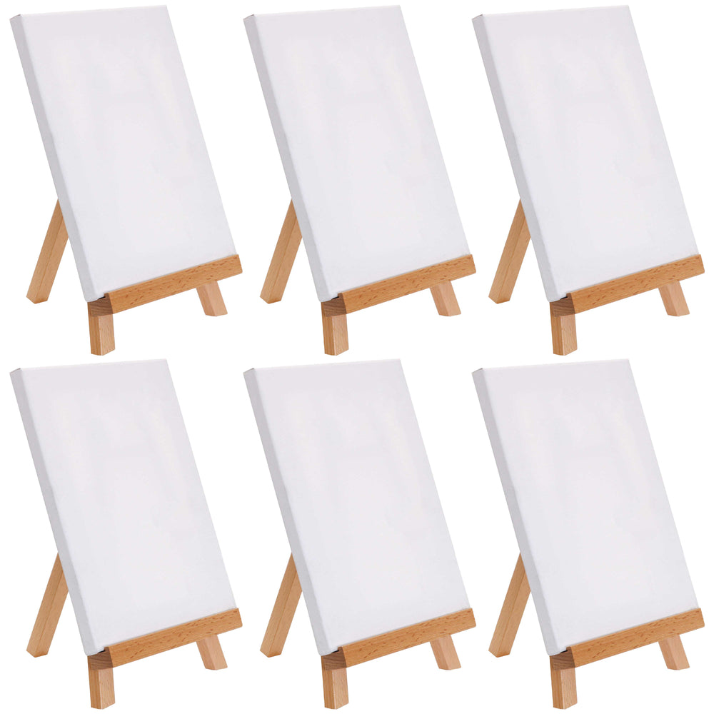 8" x 8" Stretched Canvas with 10.5" Tabletop Display Stand A-Frame Artist Easel Kit (Pack of 6) - Beechwood Tripod, Kids Students Painting Party