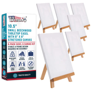 8" x 8" Stretched Canvas with 10.5" Small Wooden Tabletop Easel Kit (6 Pack) for Painting and Display Stand - A-Frame Table Top Easel, Canvas Holder