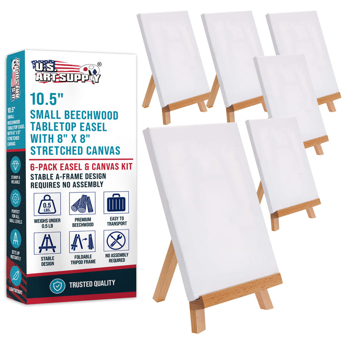 8" x 8" Stretched Canvas with 10.5" Small Wooden Tabletop Easel Kit (6 Pack) for Painting and Display Stand - A-Frame Table Top Easel, Canvas Holder
