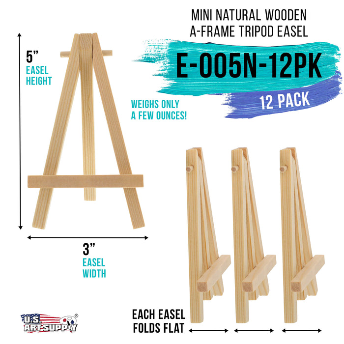 5" Mini Natural Wood Display Easel (12 Pack), A-Frame Artist Painting Party Tripod Easel - Tabletop Holder Stand for Kids Crafts Small Canvases Cards