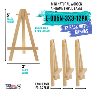 3" x 3" Stretched Canvas with 5" Mini Easel Kit (12 Pack) - Natural Wooden A-Frame Tabletop Display Stand, Mini Easel Stand - Small Easels for Display, Small Canvases, Crafts, Photos