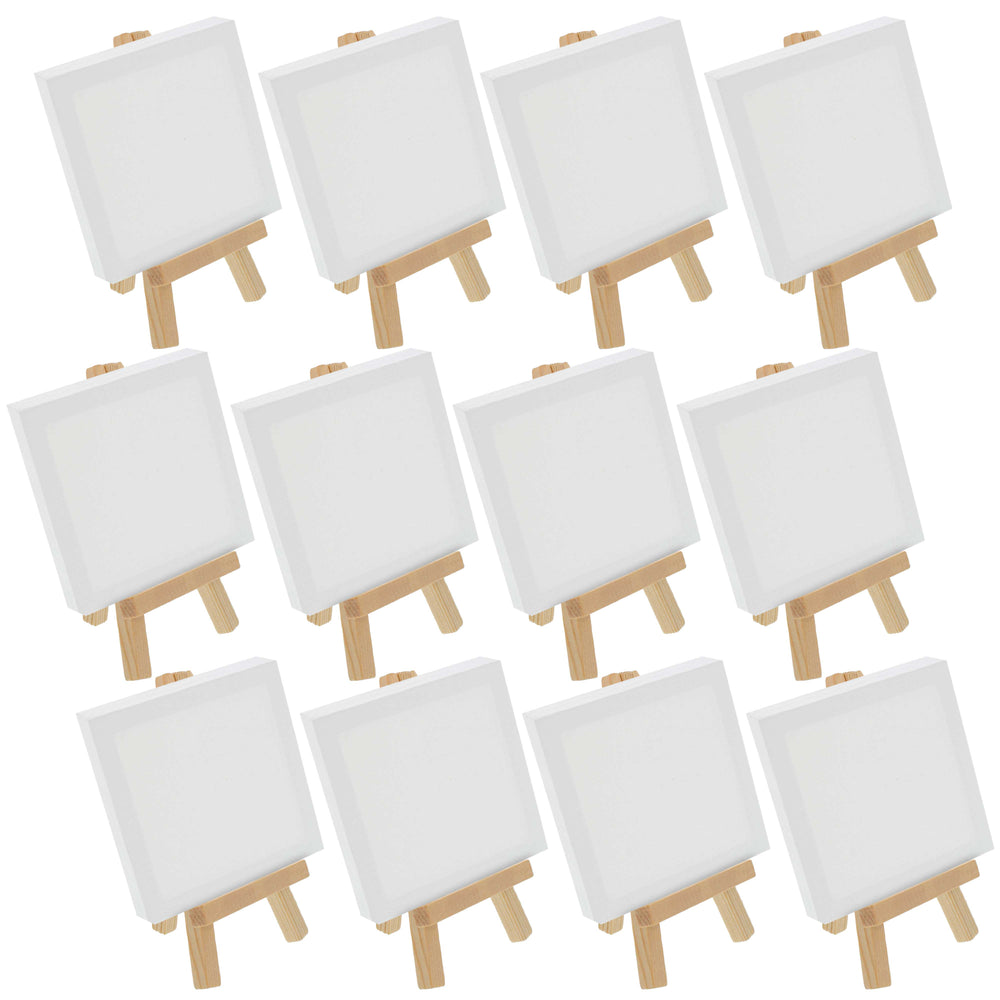 3" x 3" Stretched Canvas with 5" Mini Natural Wood Display Easel Kit, 12 Pack - Artist Tripod Tabletop Holder Stand - Kids Painting Party Oil Acrylic