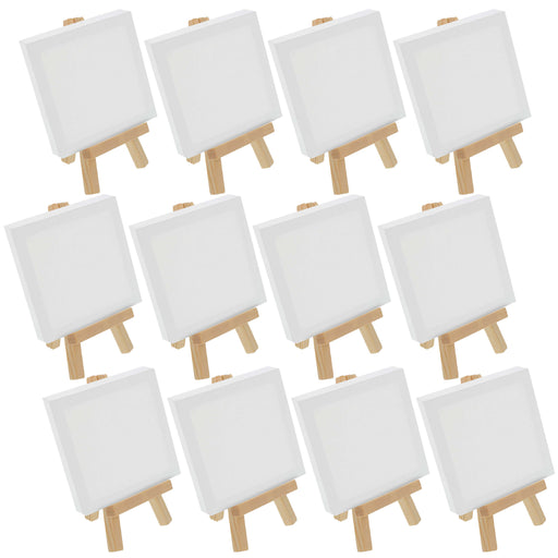 3" x 3" Stretched Canvas with 5" Mini Natural Wood Display Easel Kit, 12 Pack - Artist Tripod Tabletop Holder Stand - Kids Painting Party Oil Acrylic