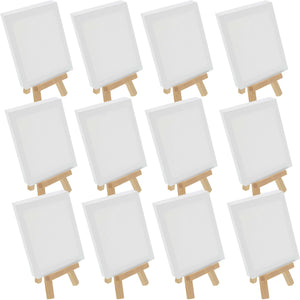 4" x 6" Stretched Canvas with 8" High Small Natural Wooden Easel (12 Pack), A-Frame Canvas Stand Tripod, Small Painting Easels - Tabletop Easel for Painting, Canvases, Student Crafts