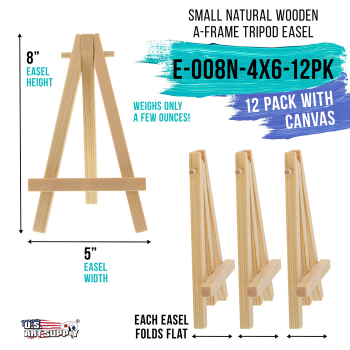 4" x 6" Stretched Canvas with 8" Mini Natural Wood Display Easel Kit (Pack of 12), Artist Tripod Tabletop Holder Stand - Painting Party, Oil Acrylic