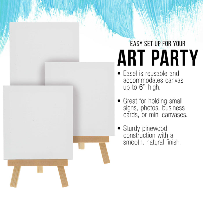 5" x 5" Stretched Canvas with 8" High Small Natural Wooden Easel (12 Pack), A-Frame Canvas Stand Tripod, Small Painting Easels - Tabletop Easel for Painting, Canvases, Student Crafts